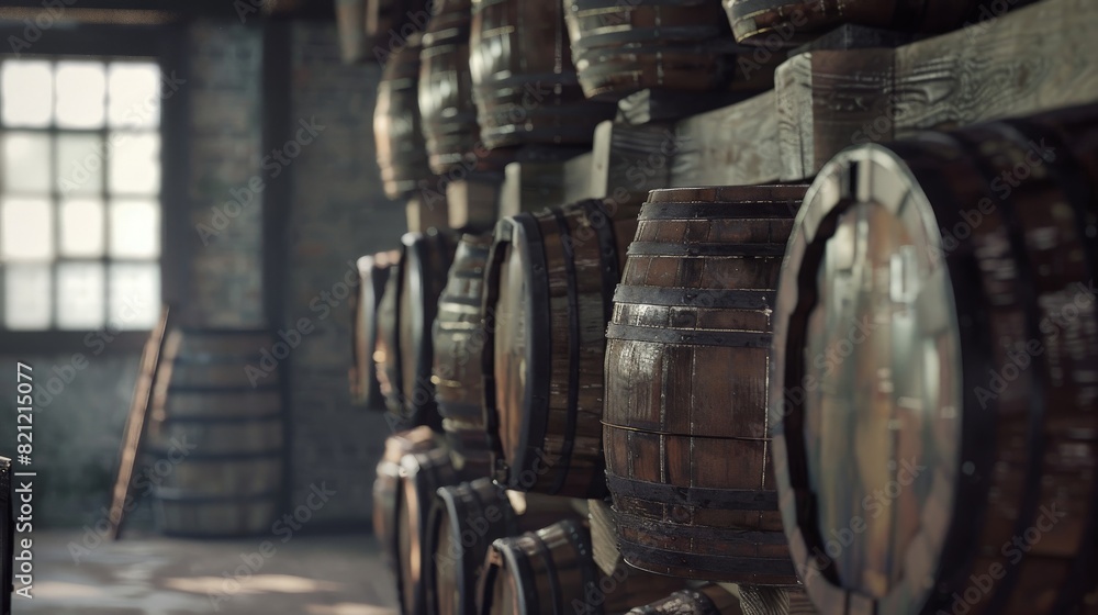 Barrels of whiskey, bourbon and wine at the aging plant. Barrels of whiskey, bourbon and wine at the aging plant.