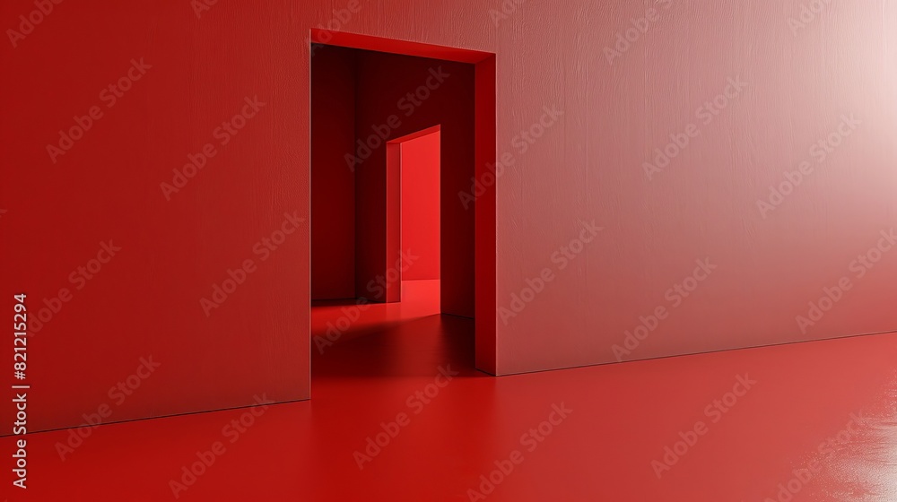 a red room with a door open and a red floor a red room with a door open and a red floor