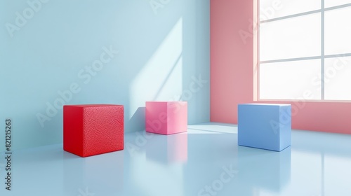 a room with three different colored boxes in it © LUPACO IMAGES