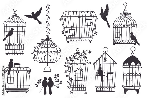 Cages and birds. Black hand drawn silhouettes. Decorative openwork houses made of metal rods for parrots and canaries. Pets homes with ivy leaves. Vintage birdcages. Recent vector set