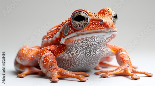 a close up of a frog with a white and orange body