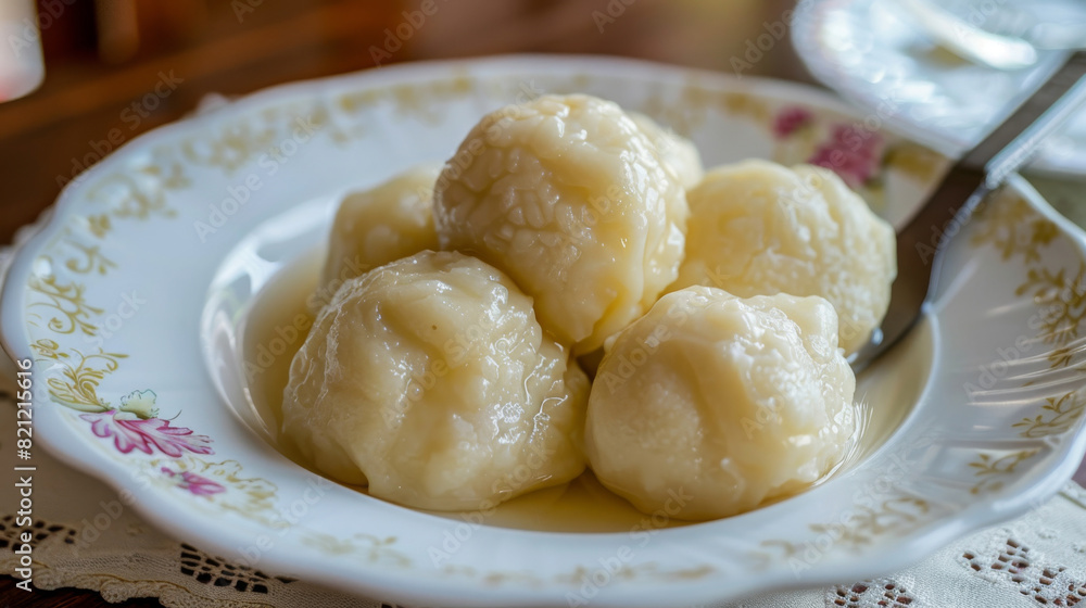 Close-up of delicious homemade ukrainian varenyky, dumplings filled with a variety of flavors, served on a decorative plate Close-up of delicious homemade ukrainian varenyky, dumplings filled with a variety of flavors, served on a decorative plate