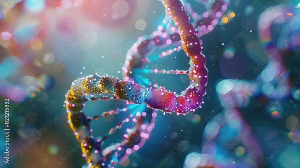 Closeup view of a DNA helix with bright colors and intricate details Perfect for educational, scientific, and medical publications, highlighting the complexity of genetic material