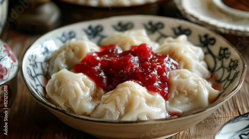 Traditional ukrainian varenyky with sweet berry sauce, presented in a decorative bowl on a rustic wooden table photo