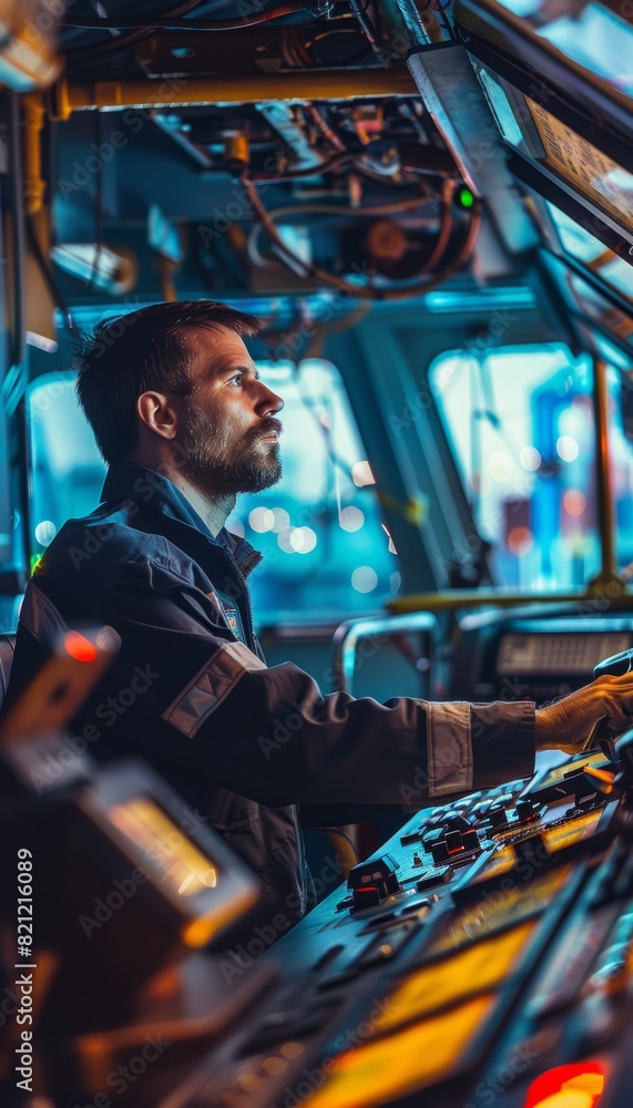 Maritime Expert Navigates Cargo Ship with Advanced Digital Navigation System - Human Expertise in Modern Maritime Logistics Maritime Expert Navigates Cargo Ship with Advanced Digital Navigation System - Human Expertise in Modern Maritime Logistics