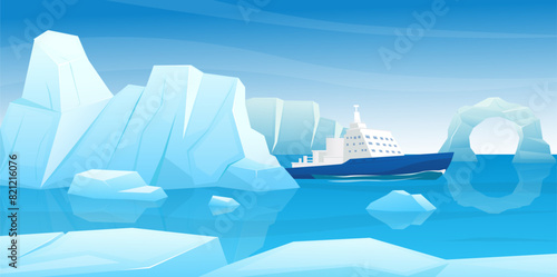 Arctic island landscape. Icebergs sticking out of water. Cold ocean mountains. Polar or Antarctic background. Winter scenery. Icebreaker ship journey. Scenic seascape. Vector concept