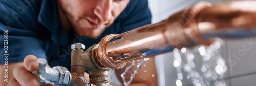 A plumber is in the process of fixing a copper pipe that is leaking water, with tools in hand photo