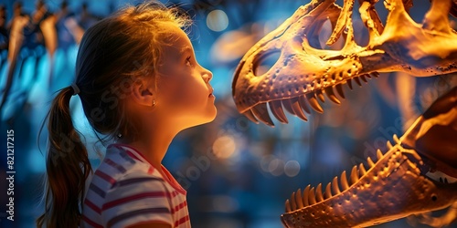 Child on museum field trip gazes at dinosaur skeleton with curiosity. Concept Museum Field Trip, Dinosaur Skeleton, Child's Curiosity, Learning Experience © Ян Заболотний