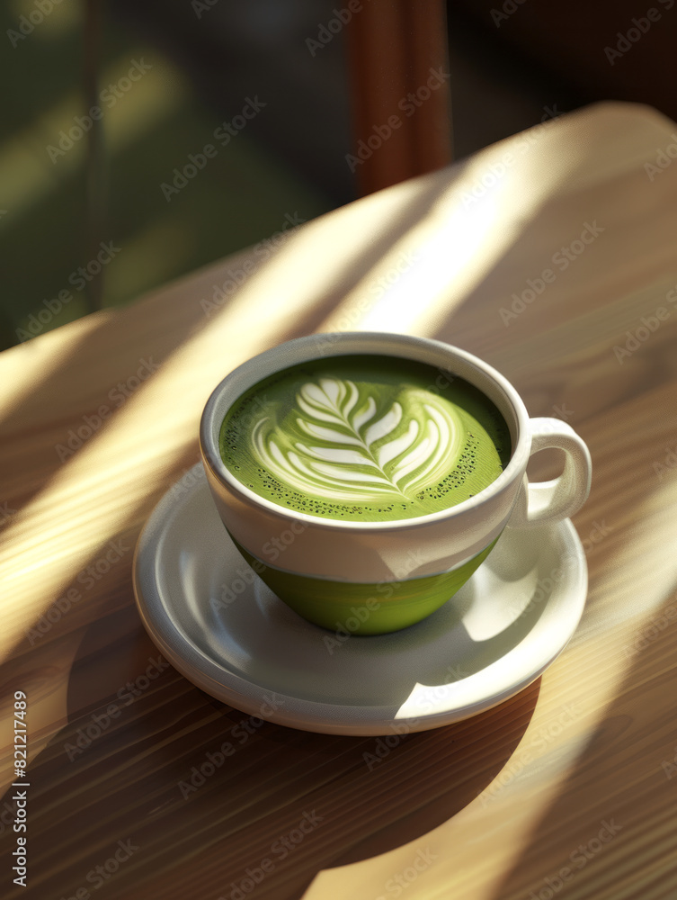 White cup of coffee with green foam and a decorative drawing on a table near the window with sunlight from the window and a place for text or inscriptions
White cup of coffee with green foam and a decorative drawing on a table near the window with sunlight from the window and a place for text or inscriptions