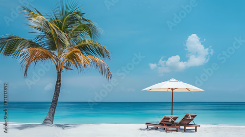 A tranquil beach scene  lounge chair under a parasol  azure sea stretching to the horizon  a sunny summer day framed by swaying palm trees