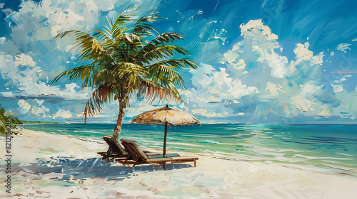 A painted beach scene with a sun lounger, ocean, summer, parasol, and palm tree, evoking serene vacation vibes and the essence of tropical relaxation