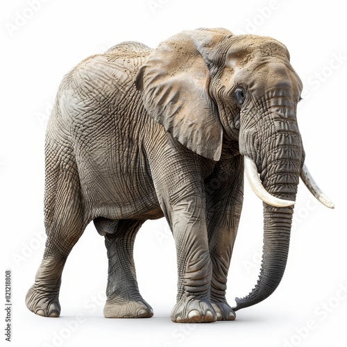 a large elephant with tusks walking on a white surface