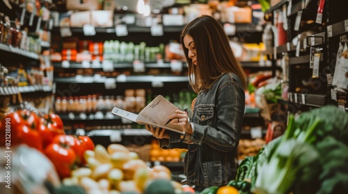 Woman with a notebook in a grocery store, carefully writing down items on her shopping list, with shelves of products in the background photo