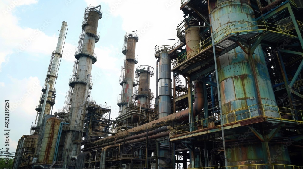 Industrial Landmarks: Capture the grandeur of petrochemical facilities, with towering stacks and intricate piping systems --ar 16:9 --style raw Job ID: 5deb3b19-09a5-489a-9bdc-453da1f0061f
