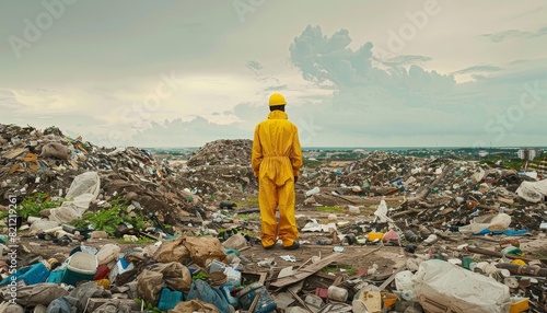 A man in a yellow suit stands in front of a pile of garbage by AI generated image photo