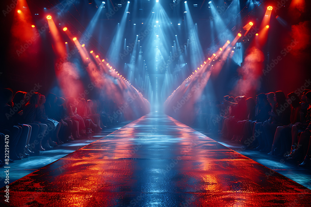 A sleek and expansive fashion catwalk, adorned with vibrant lighting