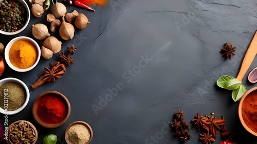 a realistic slate background on the left site kitchen tools and spices 