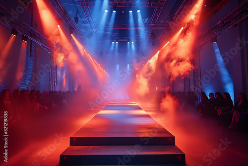 A sleek and expansive fashion catwalk, adorned with vibrant lighting © Evhen Pylypchuk