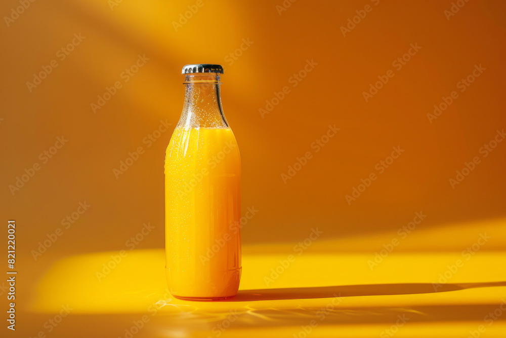 Glass bottle with fresh orange or tangerine juice isolated on orange empty background with space for label, text or inscriptions
Glass bottle with fresh orange or tangerine juice isolated on orange empty background with space for label, text or inscriptions