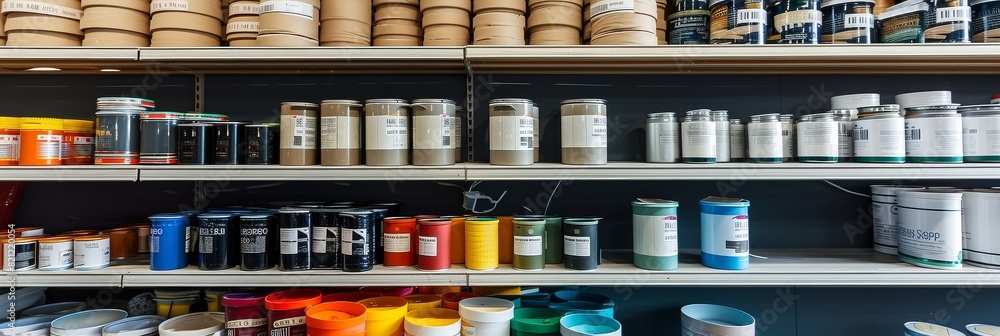 Modern building materials store counter, highlighting a selection of paint cans