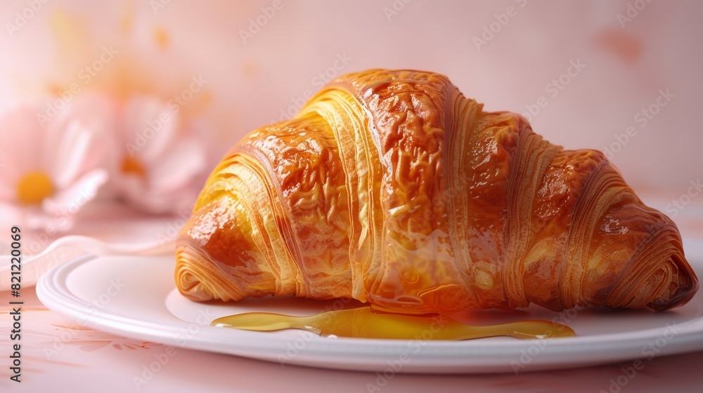A croissant with honey drizzled on top sits on a white plate A croissant with honey drizzled on top sits on a white plate
