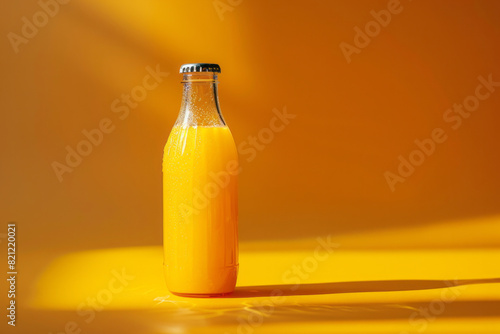Glass bottle with fresh orange or tangerine juice isolated on orange empty background with space for label  text or inscriptions 
