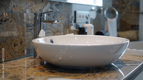 contrast between the white ceramic of the sink and the granite of the countertop to create an interesting visual effect. generative ai