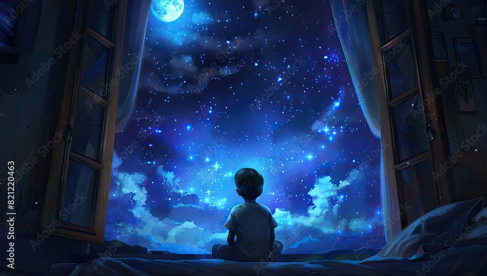 Little Boy Watching Moonlit Sky Little Boy Watching Moonlit Sky