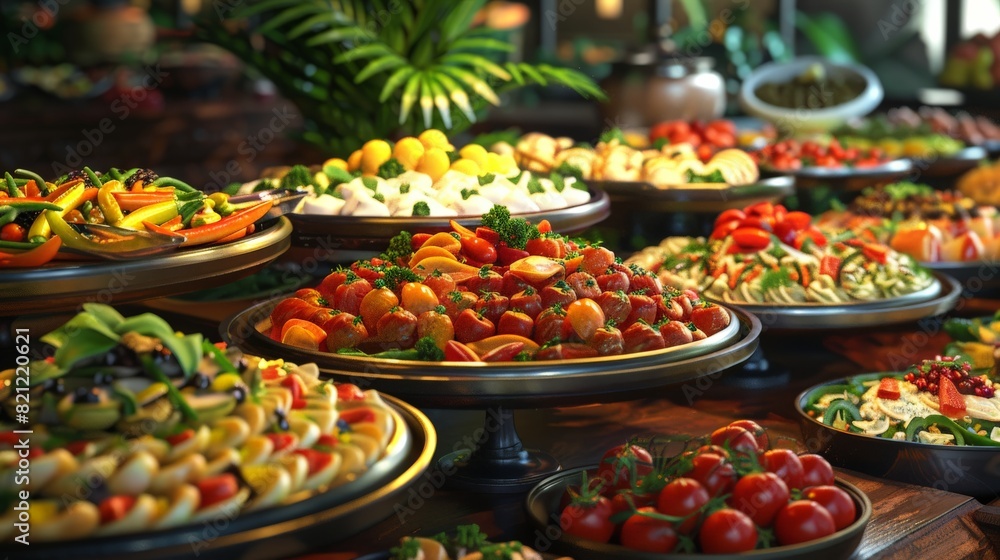 Buffet, a variety of food products. Buffet, a variety of food products.