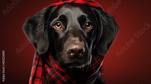 a black dog with a red scarf and a red hat photo