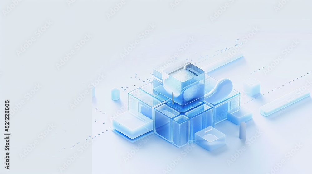 Fototapeta premium data service, blue, frostedglass, white clean background, isometric 3D, cold light, Blender, industrial design