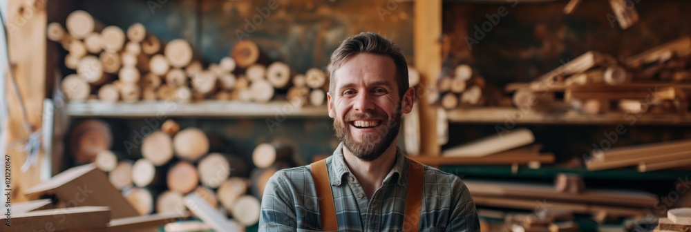 A cheerful carpenter in his workspace, surrounded by timber logs and woodworking tools