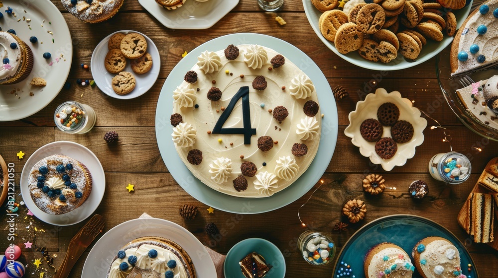 Obraz premium Vintage Themed 4th Birthday Party Table Spread: Rustic Homemade Cake, Cookies and Cream, Delicious Treats for Celebration and Design