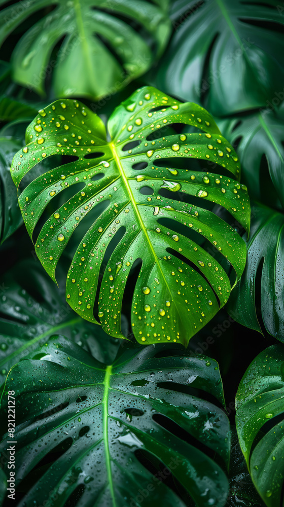 Obraz premium Green large leaves or leaf background with water drops vertical 