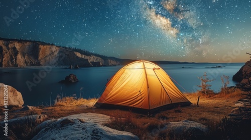 A camping tent under the stars. Generative AI.