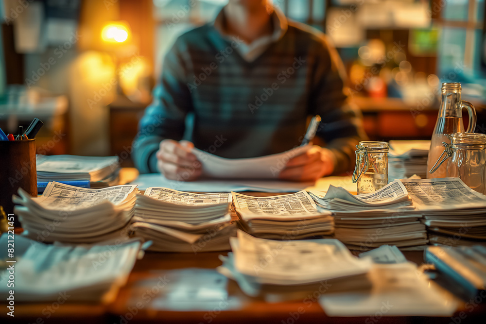 A man is sitting at a desk with a pile of papers in front of him A man is sitting at a desk with a pile of papers in front of him