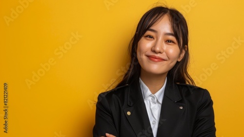 A young woman with long dark hair smiles warmly while standing in front of a vibrant yellow wall, wearing a black jacket over a white shirt. Her arms are crossed confidently. photo