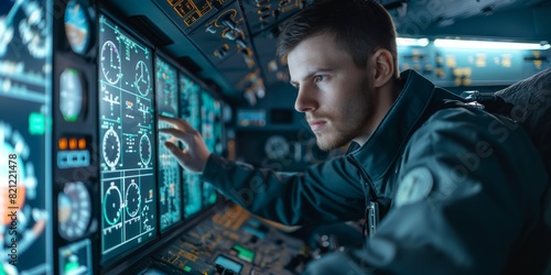 An individual in a navy uniform interacts with a complex submarine control panel featuring various gauges and screens photo
