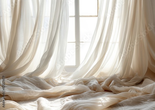 a bed with a white comforter and a window photo