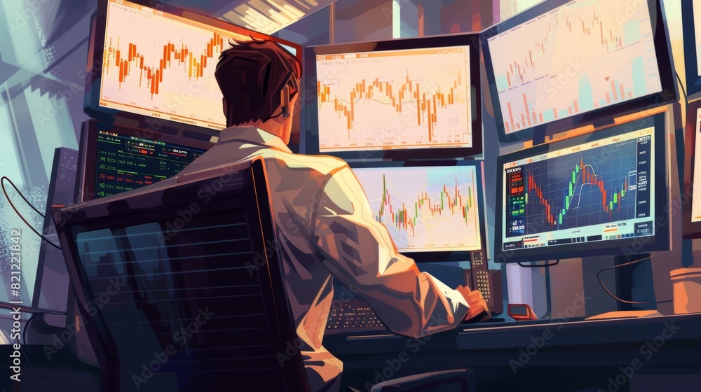 Stock Broker at Work: Financial Markets and Graphs on Multiple Monitors - Perfect for Financial Analysis and Trading Promotions Stock Broker at Work: Financial Markets and Graphs on Multiple Monitors - Perfect for Financial Analysis and Trading Promotions
