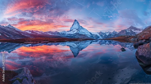 Colorful sunrise on Stellisee lake. Snowy Matterhorn peak with red light in clear water reflection.