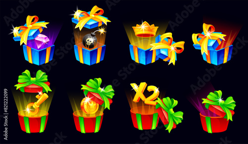 Game bonus boxes. Present gift box money prize for lucky winner, secret bonus in casino money or mobile lottery, enter bonuses mystery surprise winning neoteric vector illustration