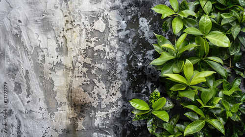 A textured diptych contrasting vibrant green foliage against a grayscale, weathered wall with splotches and streaks, evoking a nature versus urban theme