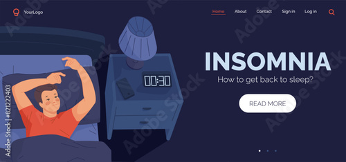 Insomnia landing page. Awake man sleepless night on bed in dark bedroom background, bad sleep depression concept cartoon character thinking