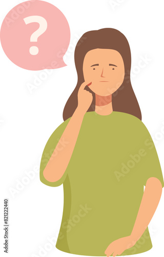 Illustrated woman in green with a questioning expression and a speech bubble