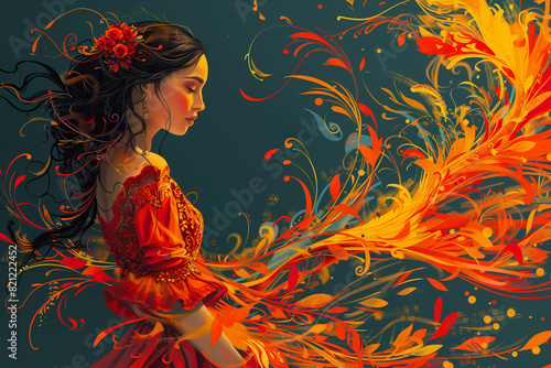 A woman is depicted in a red dress with a red flower on her head