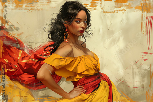 A woman in a yellow dress is posing for a painting