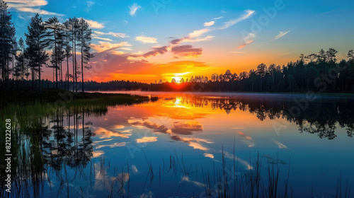 A tranquil sunrise with vibrant blue and orange skies reflected in a still forest lake surrounded by silhouette pine trees.