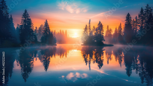 A tranquil sunrise with vibrant blue and orange skies reflected in a still forest lake surrounded by silhouette pine trees.