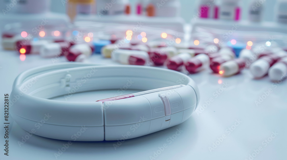 A digital health tracker linked to medicine dosage on a white background. Generative AI.